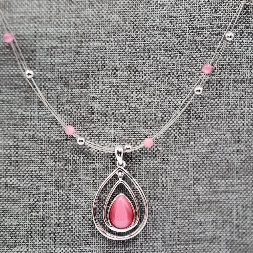 LIA SOPHIA COTTON CANDY Silver Pink Teardrop Floating Bead Signed Necklace
